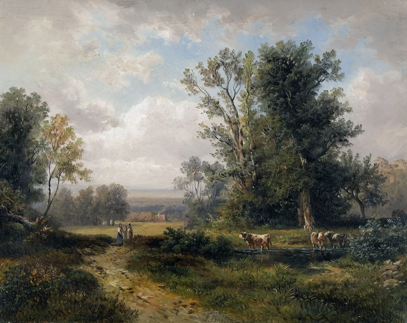 Paesaggio estivo con contadine e mucche